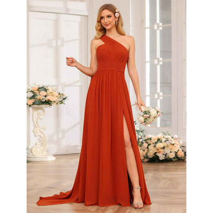 A-Line/Princess One-Shoulder Long Wedding Party Dresses With Watteau Train