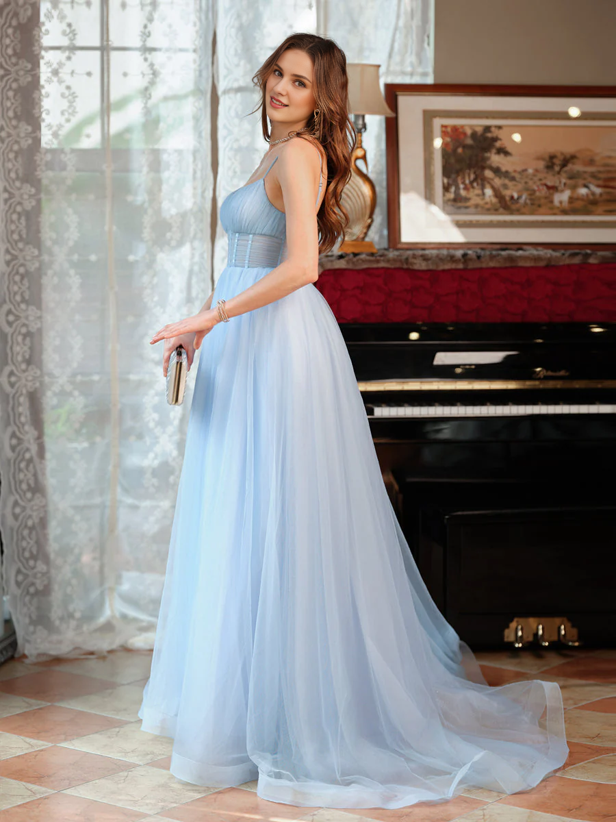 A-line/princess thin shoulder strap slit sleeveless and floor length evening gowns