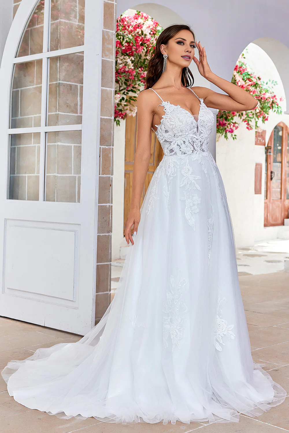 A-line chiffon cross shoulder strap back wedding dress