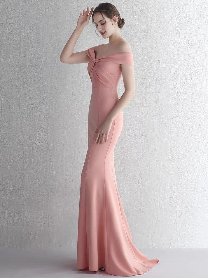 Off the shoulder pink fish tail long formal gown evening dresses