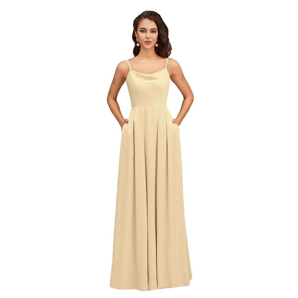 Simple Spaghetti Straps Long Soft Satin Bridesmaid Dresses