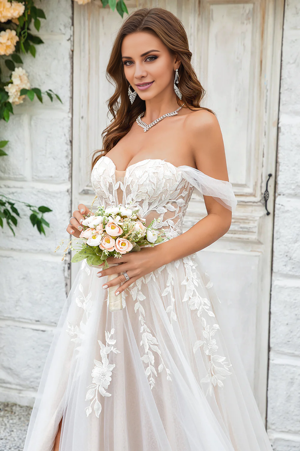 A Line detachable shoulder lace chiffon wedding dress