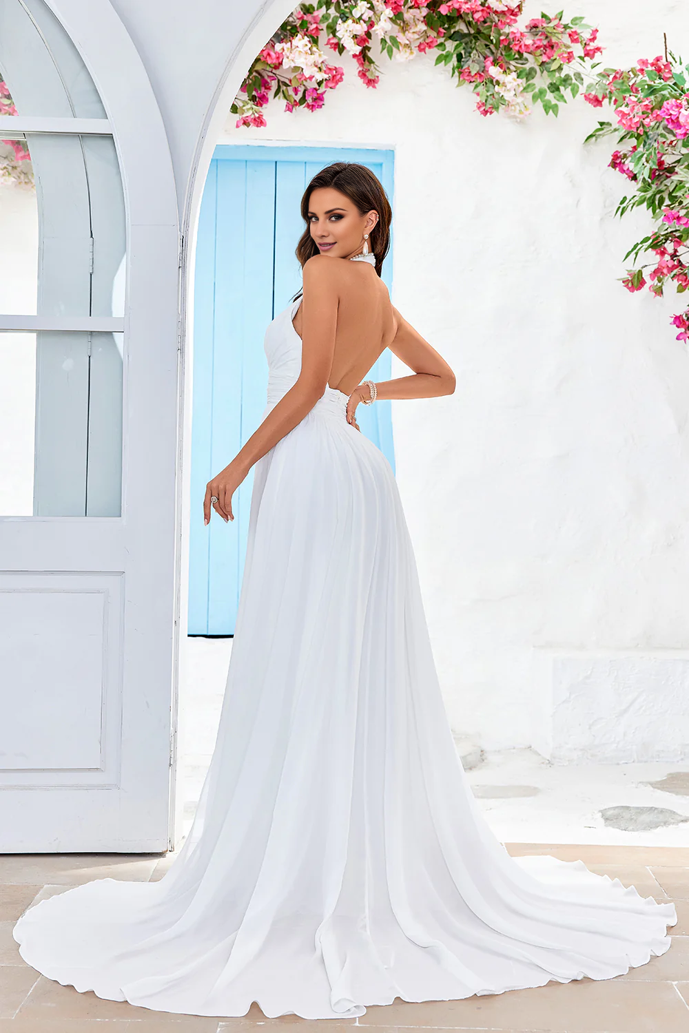 A Line Hanging Neck Sleeveless Palace Tail Wedding Dress