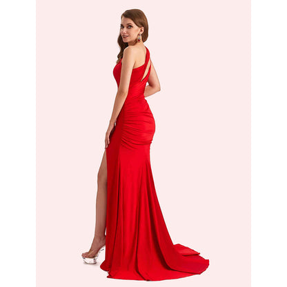 Sexy One Shoulder Side Slit Stretch Jersey Long Mermaid Bridesmaid Dresses Online