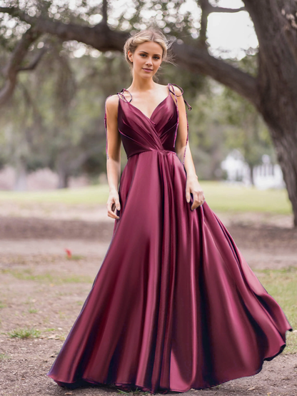 A-line V-neck spaghetti strap satin floor-length evening gown