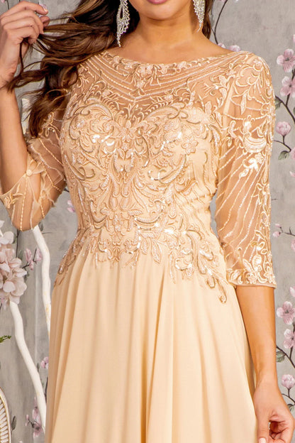 Sequin embroidery 3/4 sleeve chiffon long night dress