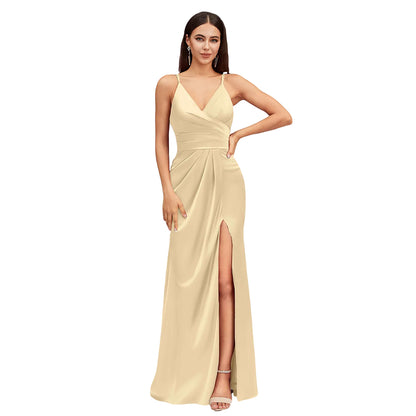 Sexy Spaghetti Straps V-Neck Long Silky Soft Satin Bridesmaid Dresses With Slit