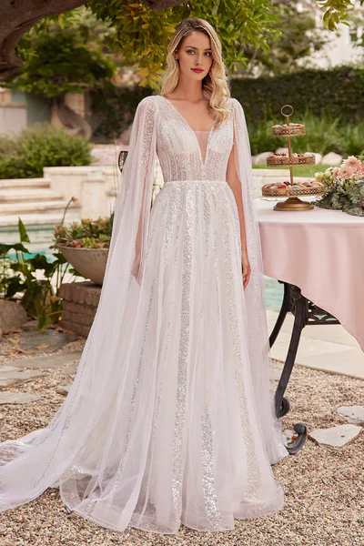 A-line layered chiffon deep V-neck sequined wedding dress