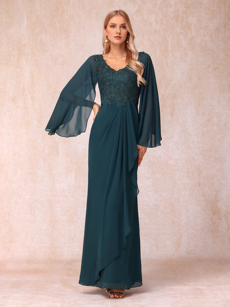 Tight sequined cylindrical V-neck long sleeved and floor length evening gowns