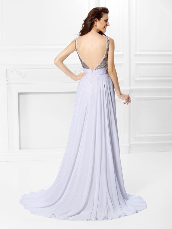 A-Line/Princess Straps Pleats Beading Sleeveless Long Chiffon Dresses