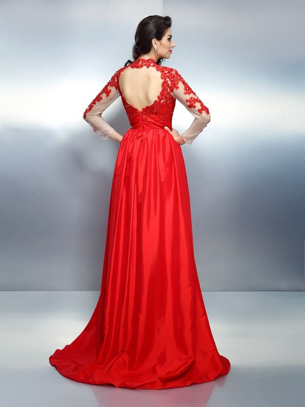 A-Line/Princess High Neck Applique Long Sleeves Long Satin Dresses