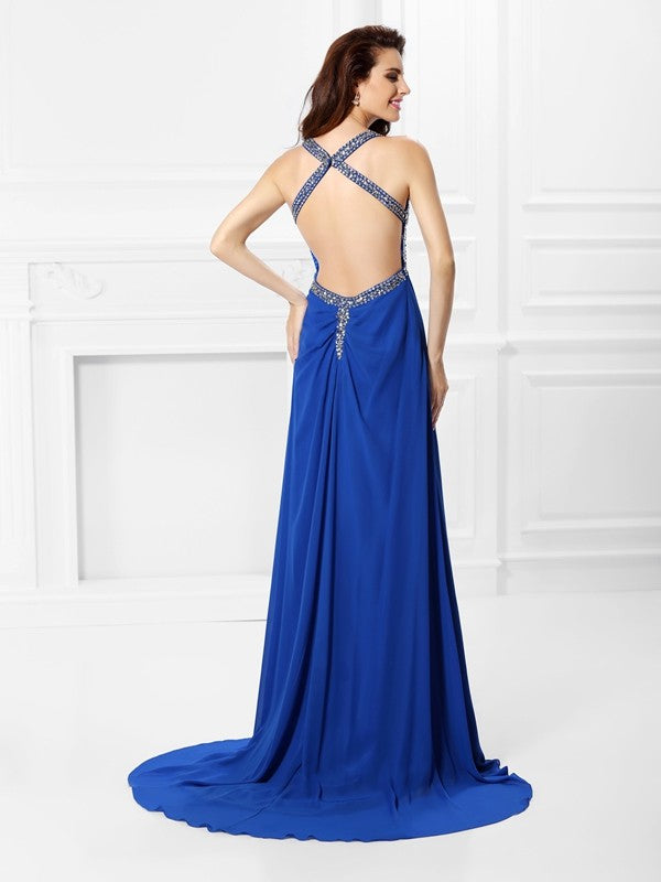 A-Line/Princess V-neck Beading Sleeveless Long Chiffon Dresses