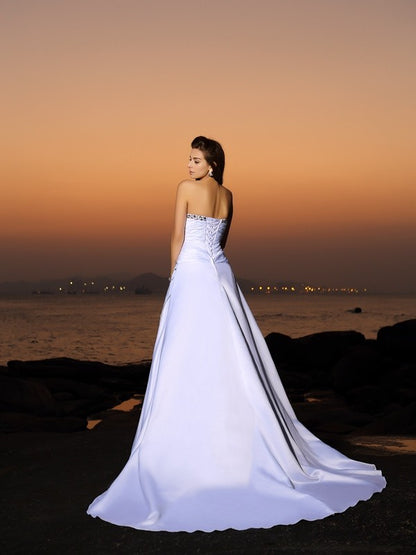 A-Line/Princess Strapless Beading Sleeveless Long Satin Beach Wedding Dresses