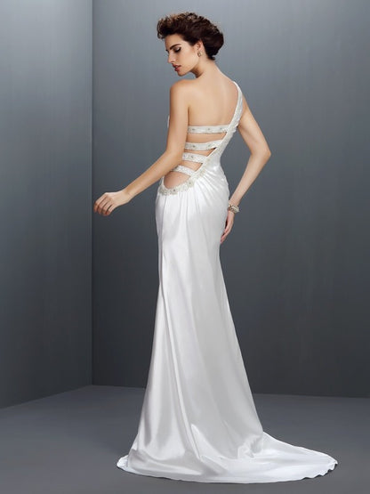 Trumpet/Mermaid One-Shoulder Beading Sleeveless Long Elastic Woven Satin Dresses