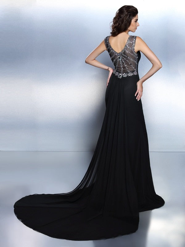 Trumpet/Mermaid Bateau Beading Sleeveless Long Chiffon Dresses