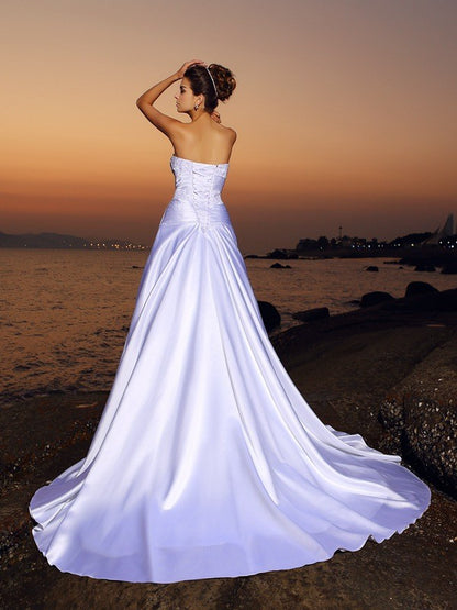 Ball Gown Strapless Beading Sleeveless Long Satin Beach Wedding Dresses