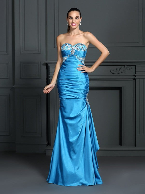 Trumpet/Mermaid Sweetheart Beading Sleeveless Long Elastic Woven Satin Dresses