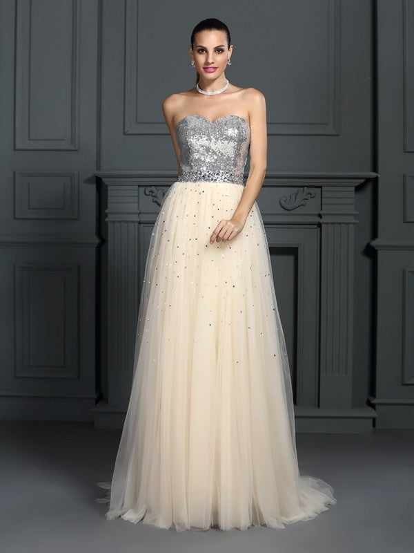 A-Line/Princess Sweetheart Beading Sleeveless Long Lace Dresses