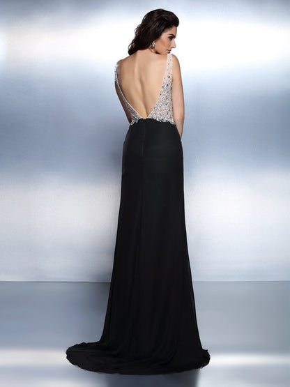 Trumpet/Mermaid V-neck Beading Sleeveless Long Chiffon Dresses