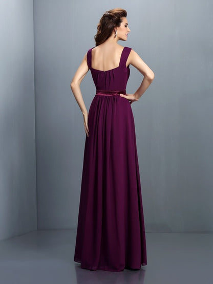 A-Line/Princess Square Pleats Sleeveless Long Chiffon Bridesmaid Dresses