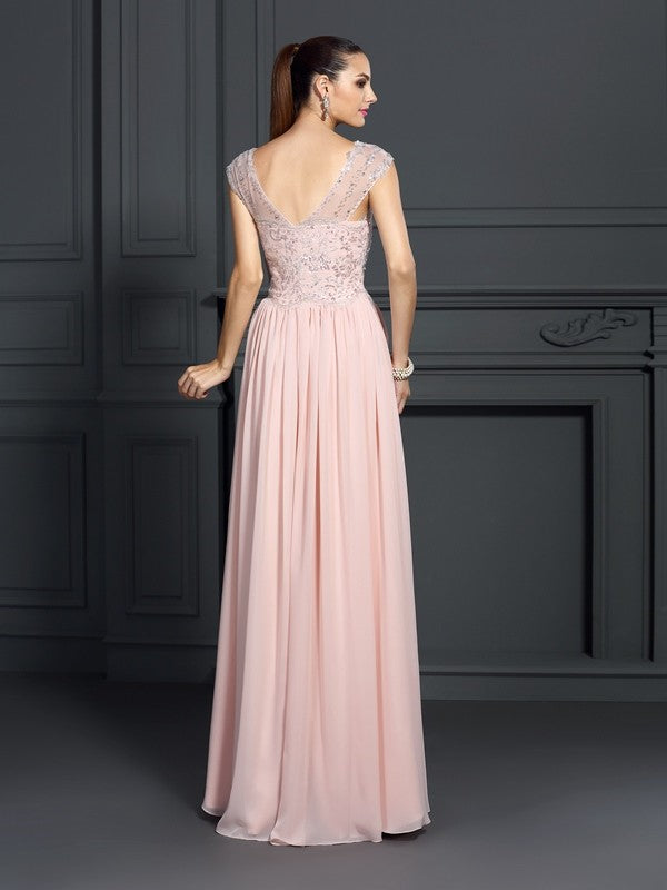 A-Line/Princess Straps Applique Sleeveless Long Chiffon Dresses