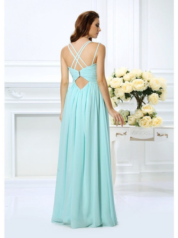 A-Line/Princess Spaghetti Straps Pleats Sleeveless Long Chiffon Dresses