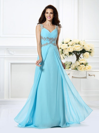 A-Line/Princess V-neck Beading Sleeveless Long Chiffon Dresses