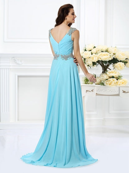 A-Line/Princess V-neck Beading Sleeveless Long Chiffon Dresses