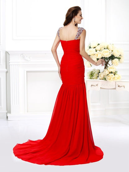 Trumpet/Mermaid Straps Beading Rhinestone Sleeveless Long Chiffon Dresses