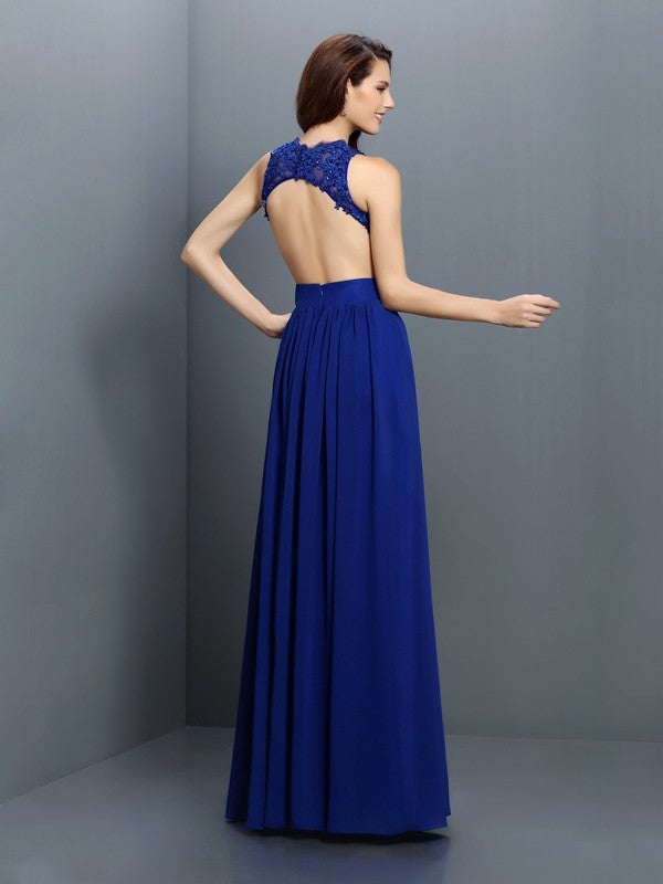 A-Line/Princess V-neck Applique Sleeveless Long Chiffon Bridesmaid Dresses