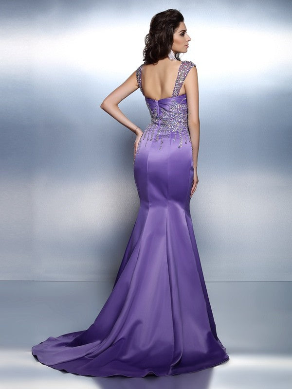 Trumpet/Mermaid Sweetheart Beading Sleeveless Long Satin Dresses