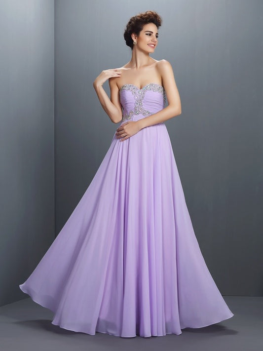 A-Line/Princess Sweetheart Beading Sleeveless Long Chiffon Dresses