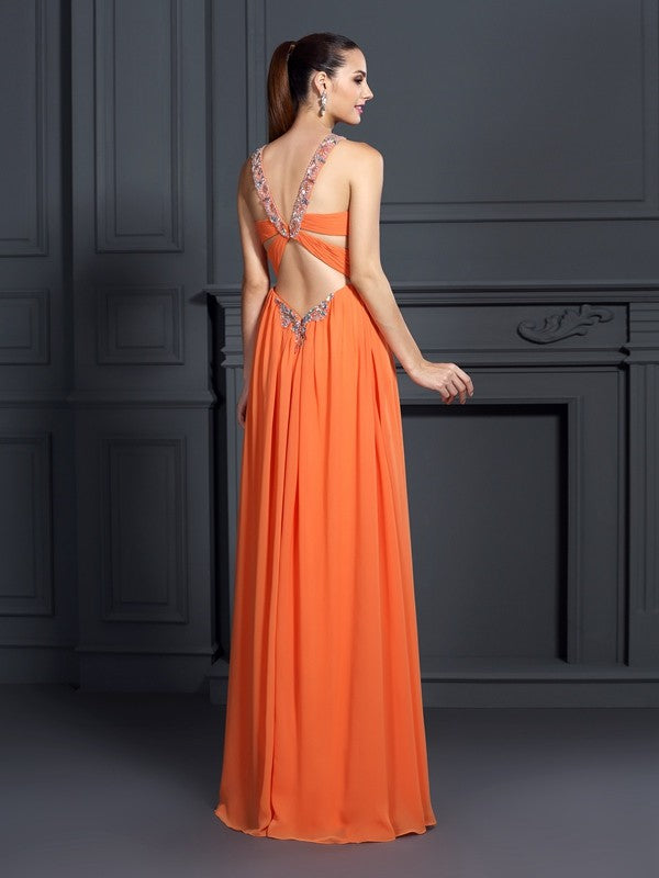 A-Line/Princess Halter Beading Sleeveless Long Chiffon Dresses