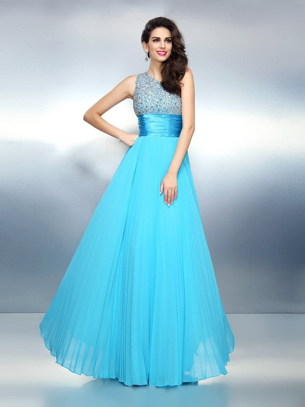 A-Line/Princess One-Shoulder Beading Sleeveless Long Chiffon Dresses