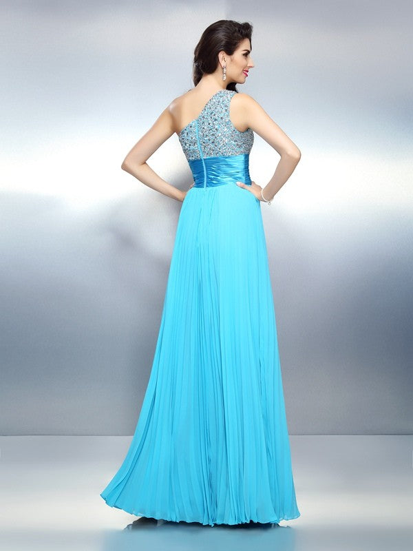 A-Line/Princess One-Shoulder Beading Sleeveless Long Chiffon Dresses