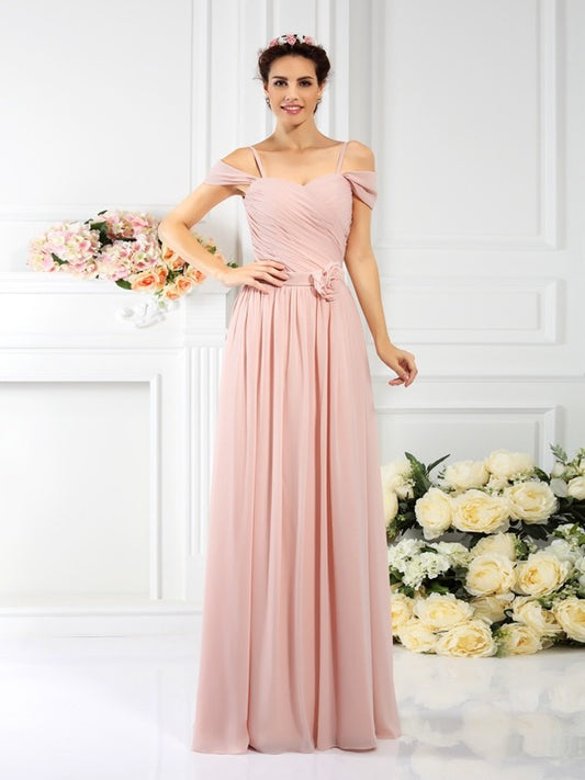 A-Line/Princess Spaghetti Straps Pleats Sleeveless Long Chiffon Bridesmaid Dresses