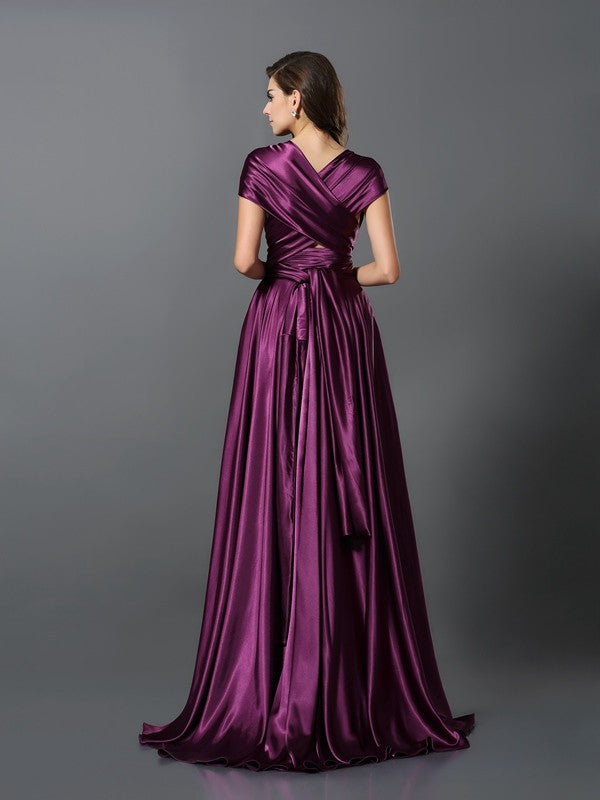 A-Line/Princess Pleats Sleeveless Long Silk like Satin Convertible Bridesmaid Dresses