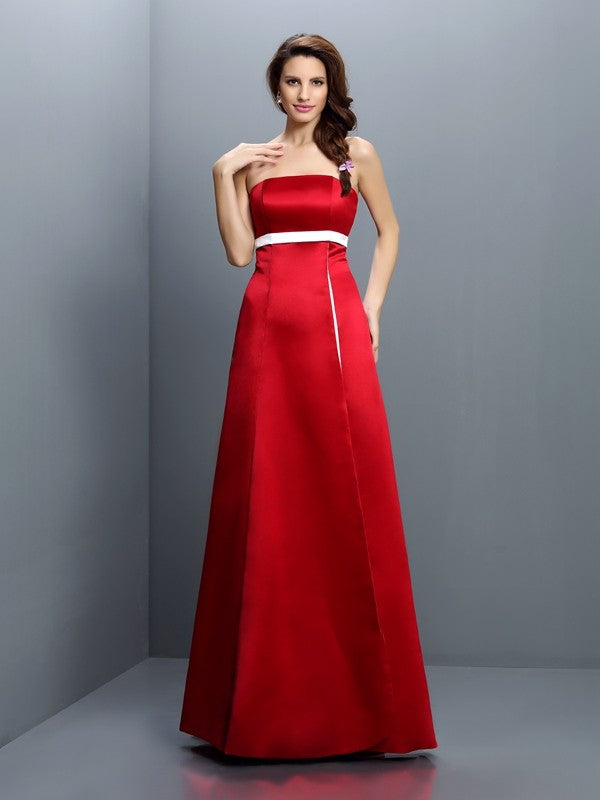 A-Line/Princess Strapless Sash/Ribbon/Belt Sleeveless Long Satin Bridesmaid Dresses