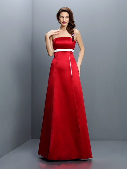 A-Line/Princess Strapless Sash/Ribbon/Belt Sleeveless Long Satin Bridesmaid Dresses