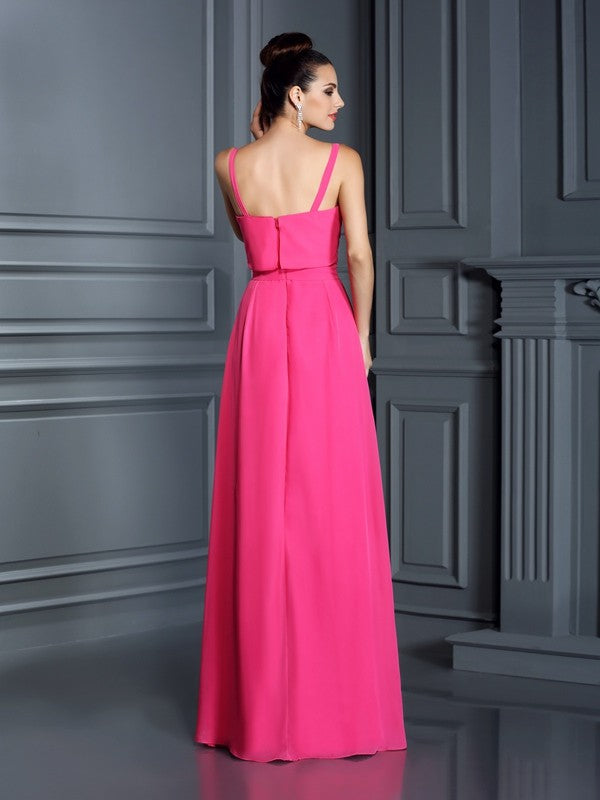 A-Line/Princess Spaghetti Straps Sleeveless Long Chiffon Bridesmaid Dresses