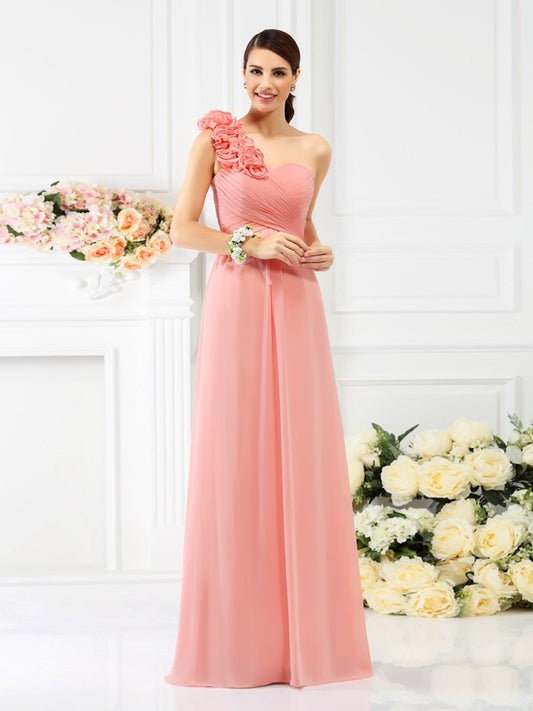 A-Line/Princess One-Shoulder Hand-Made Flower Sleeveless Long Chiffon Bridesmaid Dresses