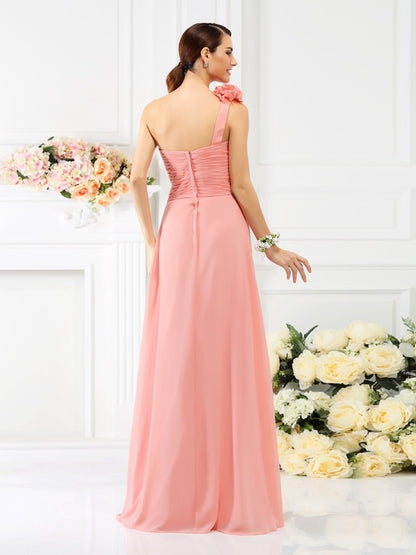 A-Line/Princess One-Shoulder Hand-Made Flower Sleeveless Long Chiffon Bridesmaid Dresses