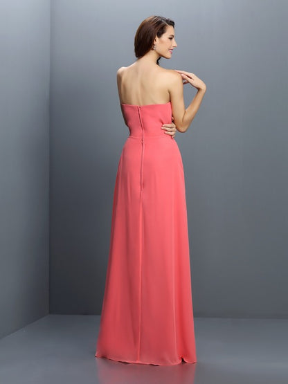 A-Line/Princess Strapless Hand-Made Flower Sleeveless Long Chiffon Bridesmaid Dresses