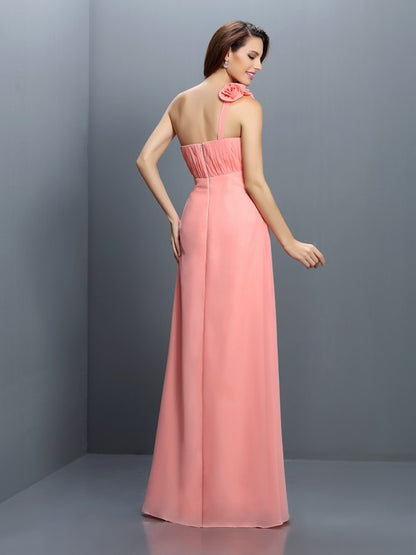 A-Line/Princess Strapless Hand-Made Flower Sleeveless Long Chiffon Bridesmaid Dresses