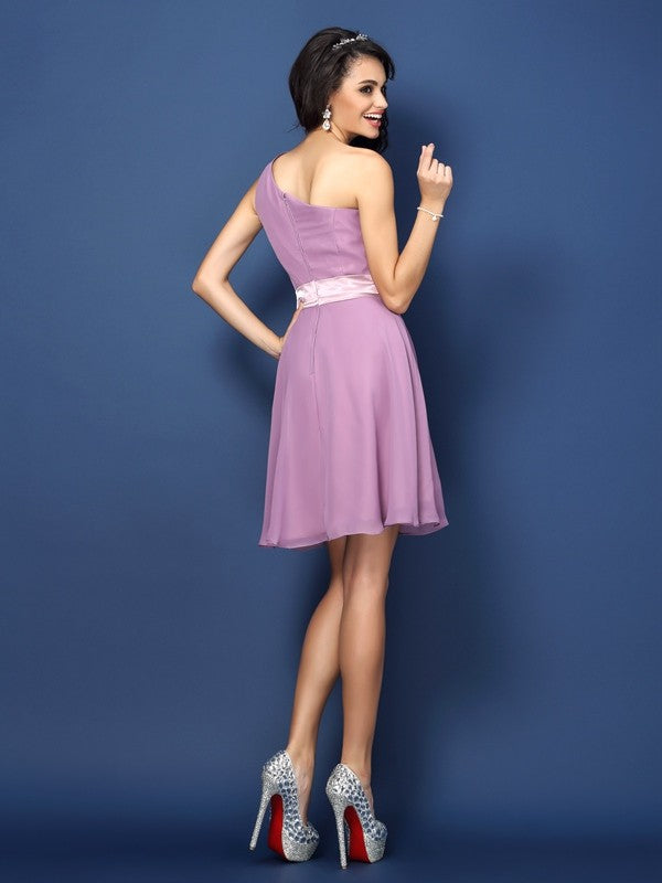 A-Line/Princess One-Shoulder Hand-Made Flower Sleeveless Short Chiffon Bridesmaid Dresses