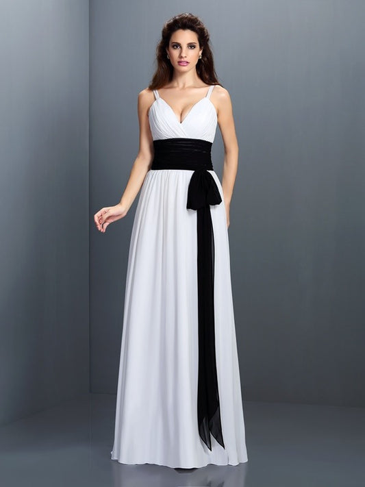 A-Line/Princess V-neck Sash/Ribbon/Belt Sleeveless Long Chiffon Bridesmaid Dresses