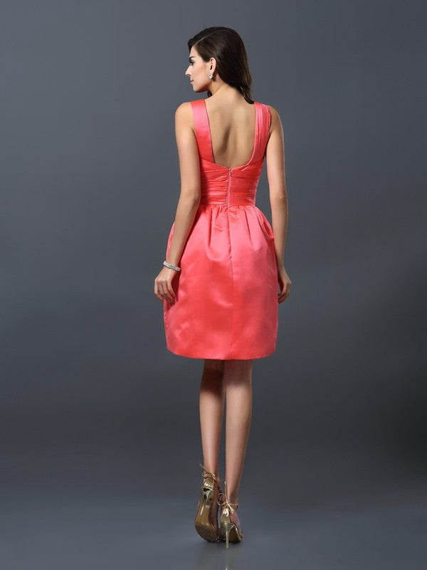 A-Line/Princess Bateau Sleeveless Short Satin Bridesmaid Dresses