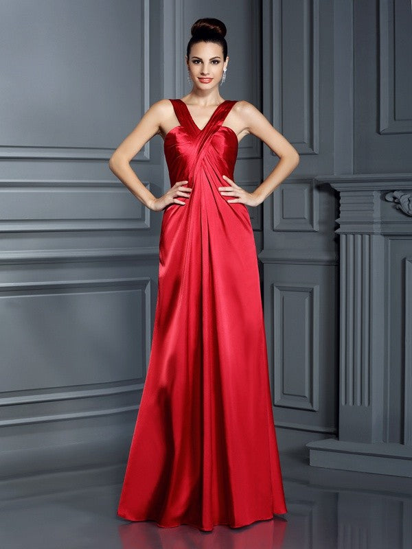 A-Line/Princess Straps Sleeveless Long  Woven Satin Bridesmaid Dresses