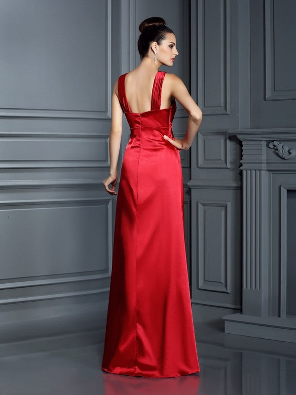 A-Line/Princess Straps Sleeveless Long  Woven Satin Bridesmaid Dresses