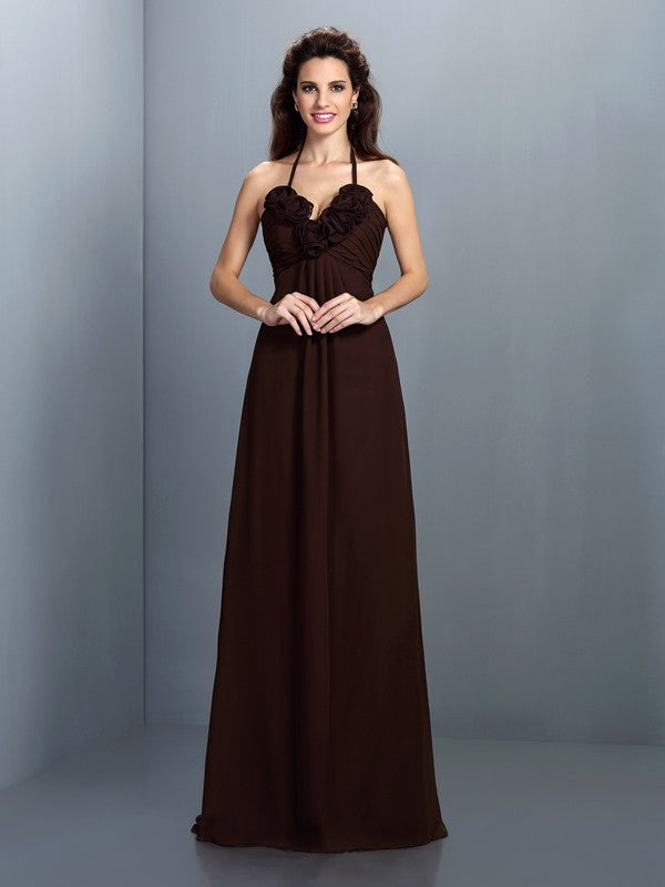 A-Line/Princess Halter Hand-Made Flower Sleeveless Long Chiffon Bridesmaid Dresses